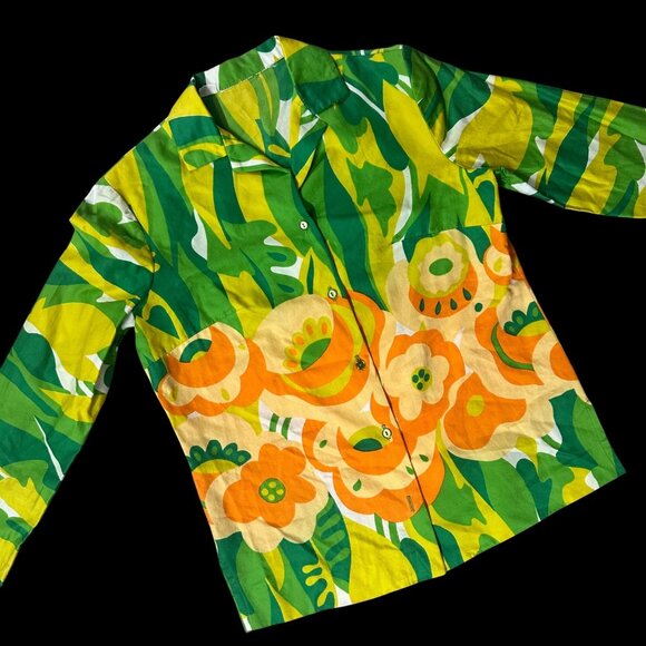Vintage Floral Shirt 70s Groovy Button Up Psychedelic Jungle Green Orange READ - Picture 1 of 11